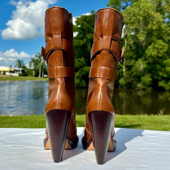 KORS Michael Kors Lisa Mid-Calf Heel Wrap Buckle Biker Boots Saddle Size 7M - Picture 6 of 11
